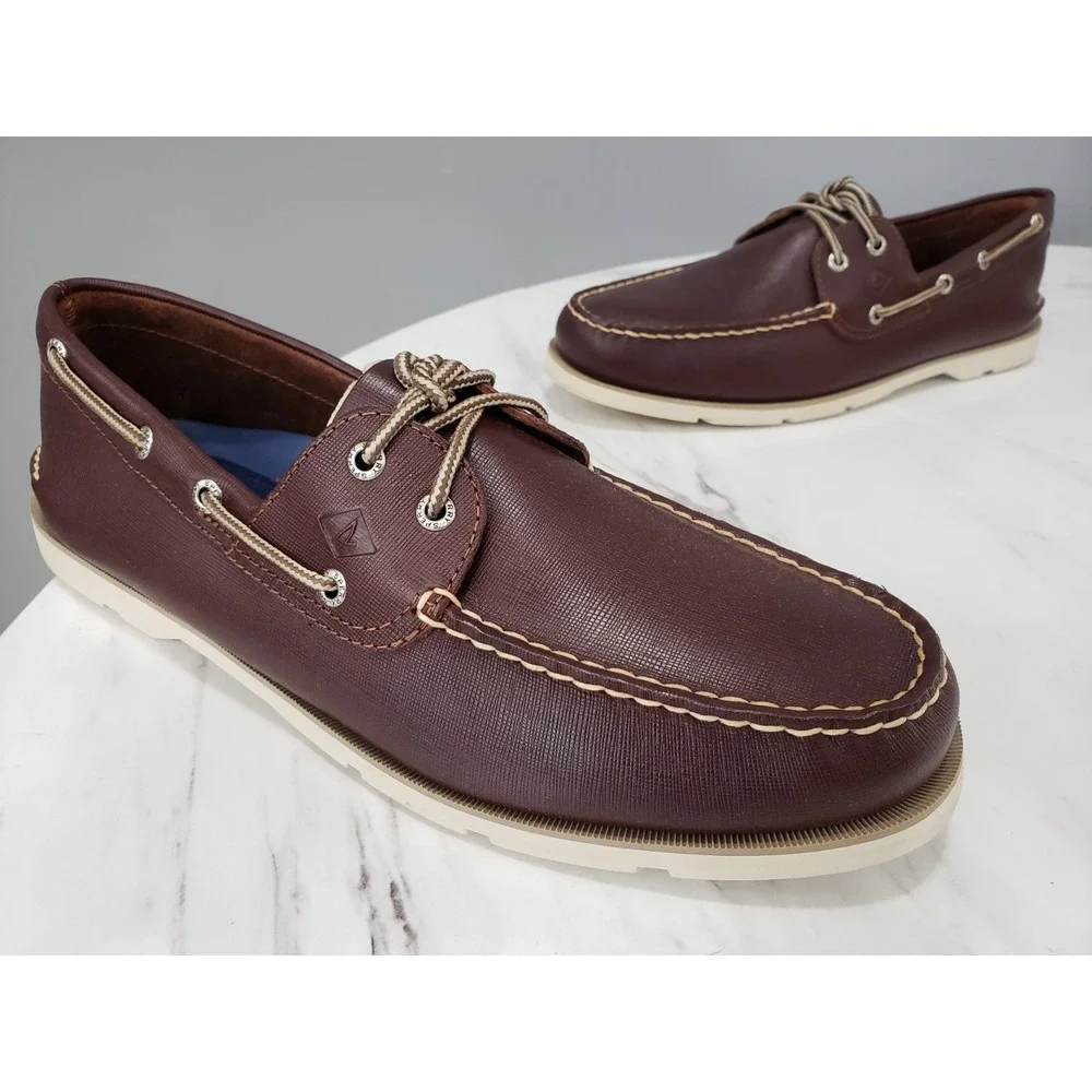 NEW 13 Sperry Top-Sider Mens Leeward STS15003 Brown Leather Slip On Boat Shoes
